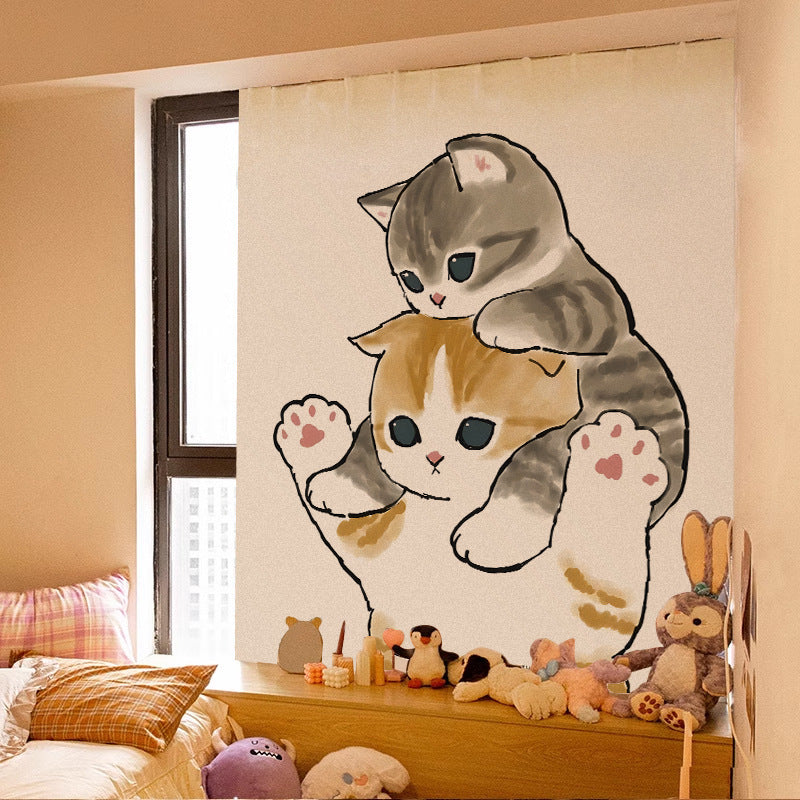 Velcro Curtain Cute Cat Punch-free Installation Shade Cloth Self-adhesive Short