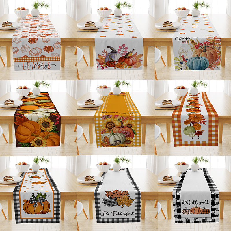 Pumpkin Maple Leaf Printed Linen Table Runner Holiday Decorative Tablecloth