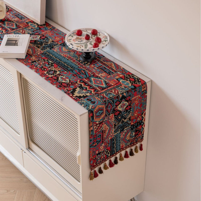 Nordic Jacquard Red Holiday Geometric Table Runner Tassel Tea Table Mat Dinner Flag