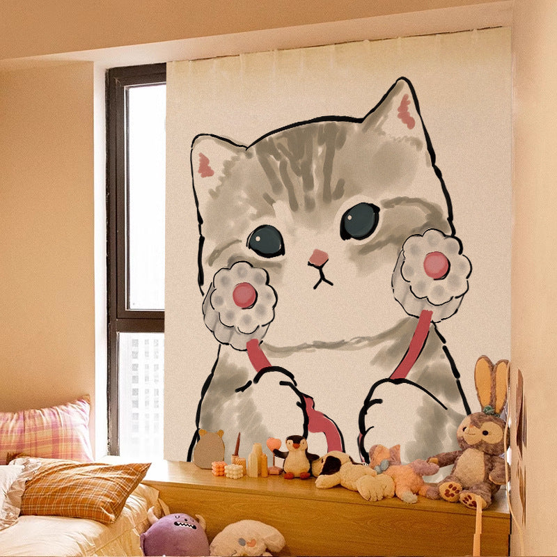 Velcro Curtain Cute Cat Punch-free Installation Shade Cloth Self-adhesive Short